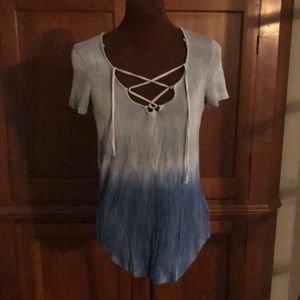 American Eagle Soft & Sexy T Light Blue Ombré LaceUp DipTie Dye tee shirt